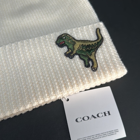 Coach Limited Edition Rexy Patch Cap Wool Beanie hat Dinosaur Patch Chalk White - Picture 6 of 7